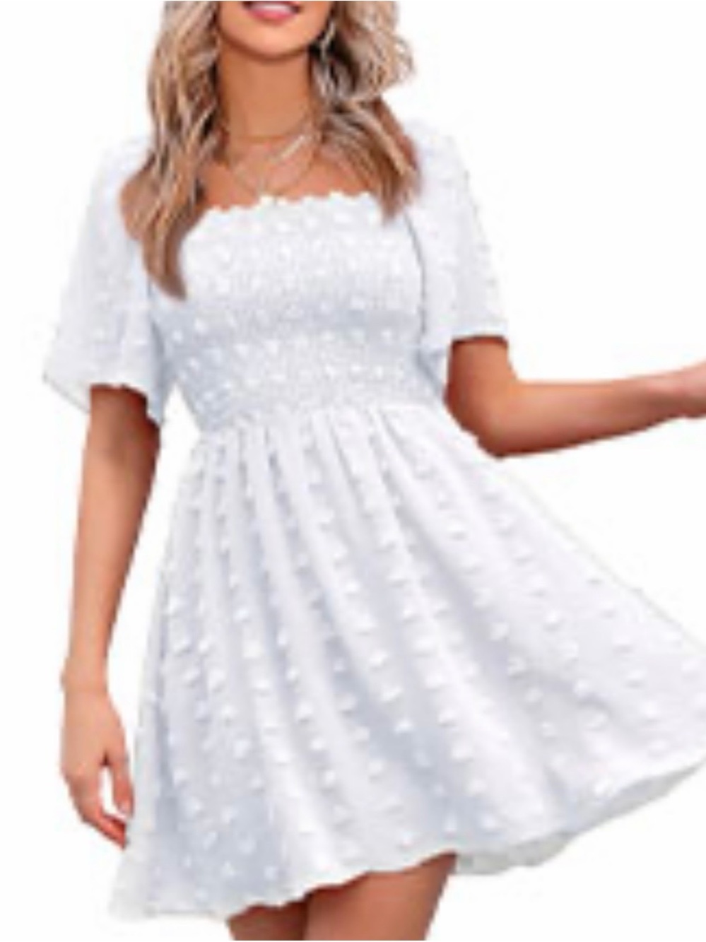 White Swiss-Dot Smocked Mini Dress with Short Sleeves